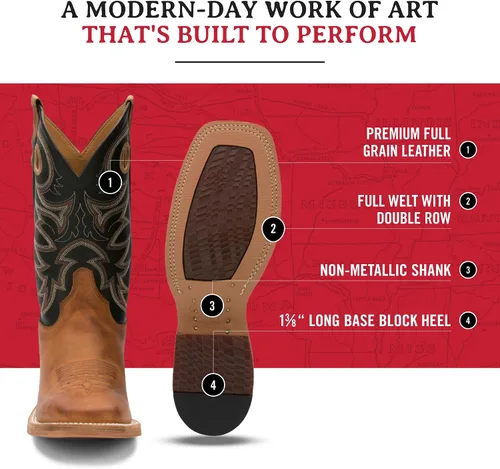 Miniatura 6 de Justin Caddo - Botas vaqueras de 11 pulgadas para hombre, botas vaqueras duraderas de cuero de grano completo de grano completo, con punta cuadrada