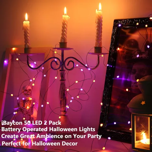 Miniatura 7 de iBaycon Paquete de 2 50 luces LED de Halloween a batería, 16.4 pies, funciona con pilas, luces de Halloween naranja y morado, impermeables, con 8