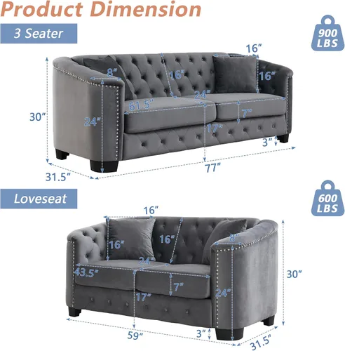 Miniatura 2 de mikibama Juego de sofá de terciopelo Chesterfield de lujo de 2 piezas para sala de estar, muebles de decoración moderna, sofá seccional, sofá de 3