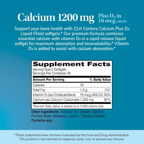 Miniatura 11 de 21st Century Calcium Plus D3 - Gel blando relleno de líquido, 1200 mg, 90