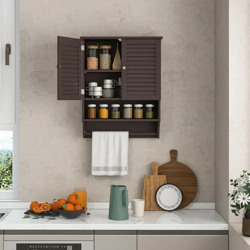 Miniatura 4 de Tangkula Armario de baño montado en la pared con estante abierto y barra, botiquín con puertas de doble rejilla, estante ajustable, armario
