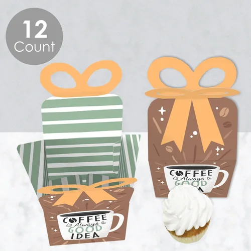 Miniatura 3 de Big Dot of Happiness But First, Coffee – Cajas de regalo cuadradas – Cajas de lazo para fiesta temática de café – Juego de 12
