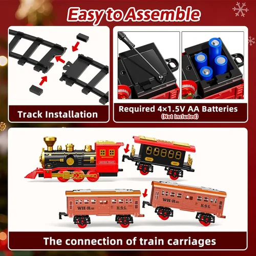 Miniatura 8 de Juego de tren eléctrico para niños, juguetes de tren de Navidad con humo, luz y sonido, pistas de tren de construcción de bricolaje debajo del árbol