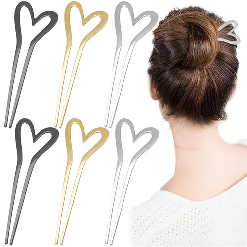 6 horquillas de metal en forma de U, palillos de pelo con forma de corazón, horquillas francesas grandes, tenedor de pelo vintage, elegante,