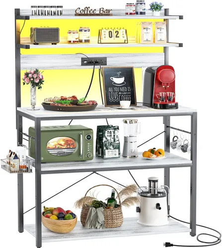 Miniatura 11 de Aheaplus - Estantería de cocina con toma de corriente, soporte para microondas, estación de café de 5 niveles con luces LED, estante