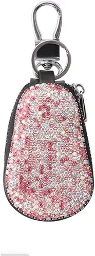Funda para llave de coche, multifuncional, con cierre y mosquetón, piel con brillantes, color rosa