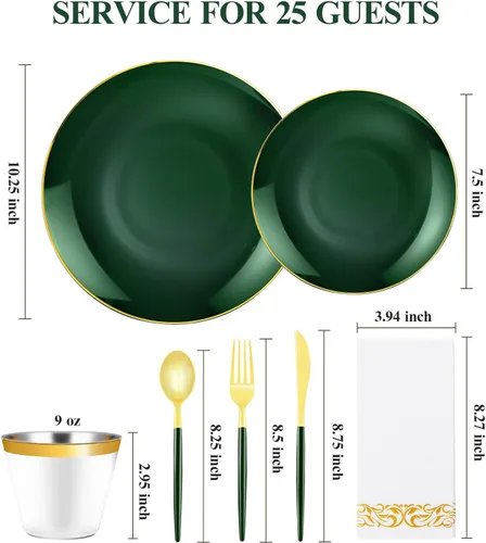Miniatura 2 de 175 Piezas Juego de Vajilla de Plástico Verde Dorado, Platos Desechables Dorados para Fiesta, Incluye 50 Platos Verdes con 75 Cubiertos de Plástico