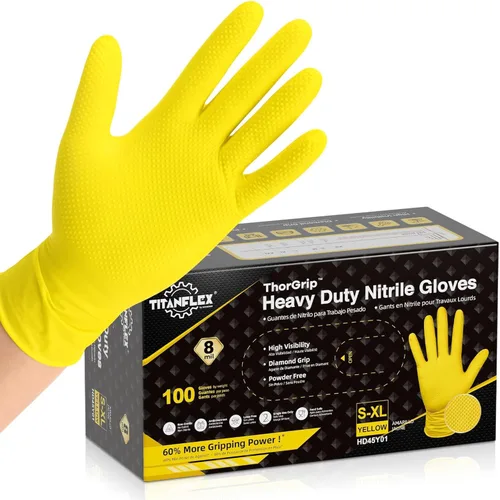 Miniatura 11 de TitanFlex Heavy Duty Industrial Nitrile Gloves with Raised Diamond Texture, 8-mil, Latex Free (Green/Dark Green/Yellow)
