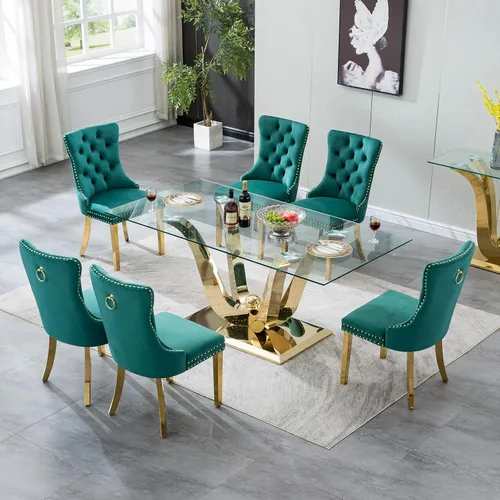Miniatura 9 de Mesa de comedor moderna de vidrio de 70 pulgadas para 6-8, mesa de comedor de cristal dorado de lujo con base de acero inoxidable en forma de flores