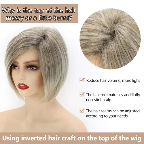 Miniatura 5 de TISHINING Pelucas rubias cortas en capas para mujeres blancas, longitud de la barbilla, color rubio ceniza, parte lateral, peluca Pixie Bob, cabello