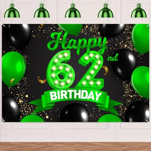 Miniatura 48 de Cartel de feliz cumpleaños 26 verde y negro, telón de fondo con texto en inglés "Cheers to 26 years old confeti", globos de confeti, decoración