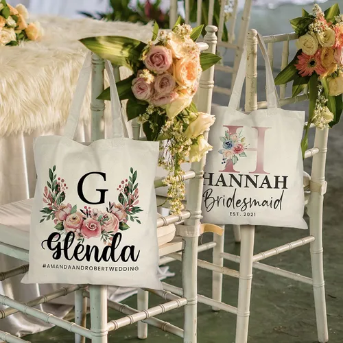 Miniatura 4 de Bolsas de mano florales personalizadas de regalo para mujeres con nombre y fecha de texto, bolsa personalizada para playa, boda, viajes, trabajo