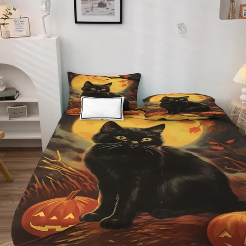 Miniatura 2 de Sábanas de Halloween tamaño individual XL, sábanas de calabaza de gato negro, sábanas y fundas de almohada de 3 piezas, sábana bajera ajustable