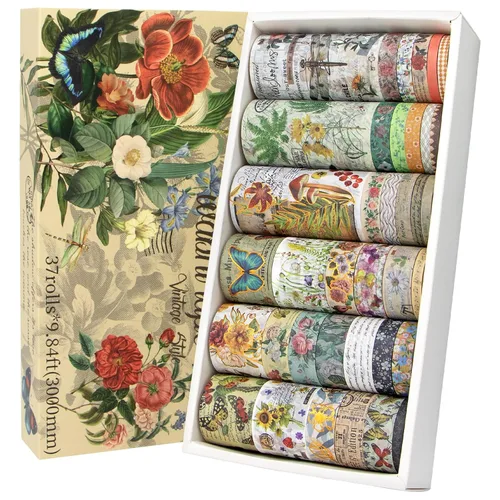 Juego de 37 rollos de cinta washi vintage - Cinta decorativa floral de mariposas y hongos botánica, cinta adhesiva para suministros de diario,