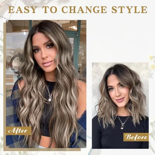 Miniatura 5 de AISI QUEENS Pelucas largas para mujer, onduladas, ombré, raya en medio, color marrón ceniza y rubio decolorado, pelucas rizadas de aspecto natural