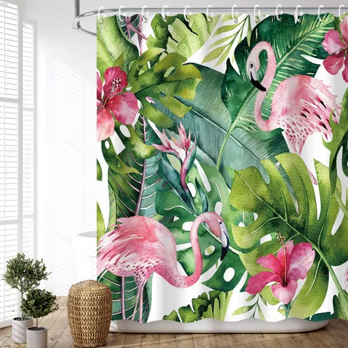 Miniatura 10 de LIVILAN Juego de cortinas de ducha con hojas de plantas tropicales, diseño botánico de selva con 12 ganchos para decoración de baño, 72 x 72 pulgadas