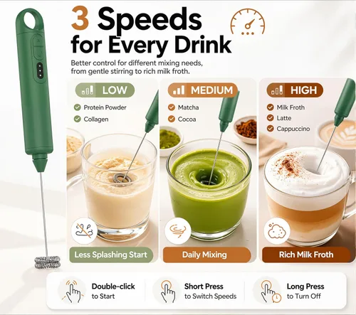 Miniatura 3 de Espumador de leche recargable de mano de 3 velocidades para café [3 batidores] Mezclador eléctrico de bebidas para latte, capuchino, café, huevos