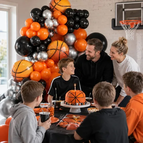 Miniatura 4 de Kit de guirnalda de globos de baloncesto, globos metálicos naranjas, negros y plateados con globos de papel de aluminio de baloncesto para Rojo Azul
