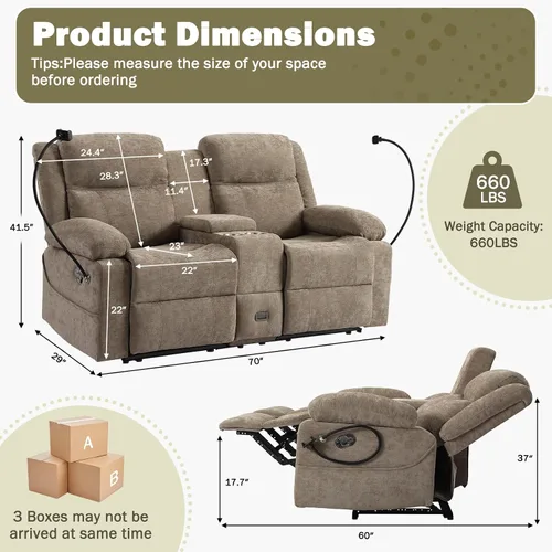 Miniatura 2 de Sofá biplaza reclinable manual con soporte ajustable de 360°, almacenamiento de consola central con carga tipo C y USB, reposacabezas ajustable