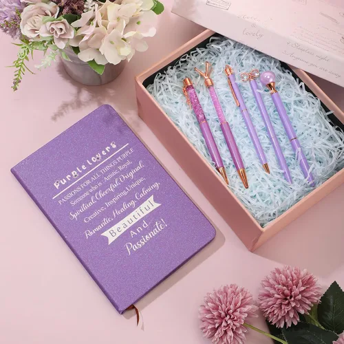 Miniatura 6 de Jetec 6 cuadernos morados de Navidad morados, regalos de diario de Navidad para mujeres, diario con purpurina con bolígrafos, juego de bolígrafos