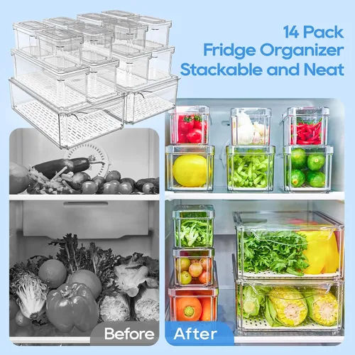 Miniatura 4 de JollyPack - Paquete de 14 organizadores para refrigerador, contenedores organizadores con tapas para refrigerador, contenedores de almacenamiento