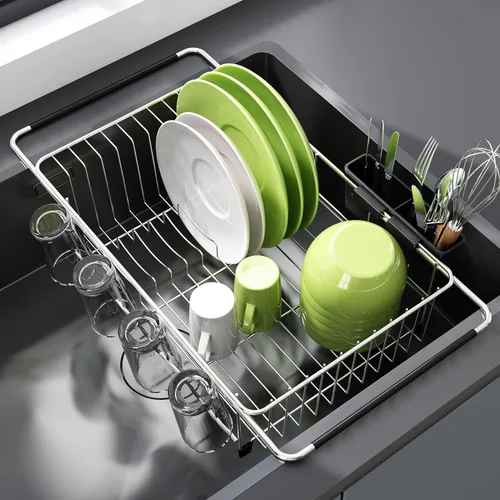 JASIWAY - Escurridor extensible de acero inoxidable para usar sobre fregadero, encimera de cocina y dentro del fregadero, con portautensilios, color