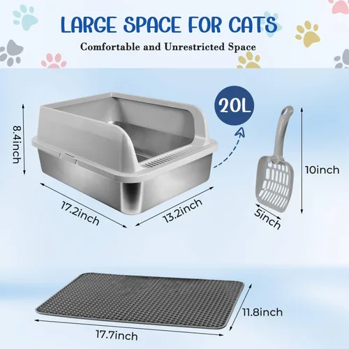 Miniatura 2 de Caja de arena para gatos de acero inoxidable, caja de arena de pared alta para gatos pequeños, caja de arena de metal con tapa, antiadherente