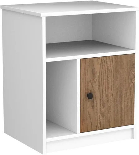 Miniatura 5 de Tangkula Juego de 2 mesitas de noche, mesa auxiliar de madera para sofá con puerta de bambú y compartimentos abiertos, mesa de noche multifuncional