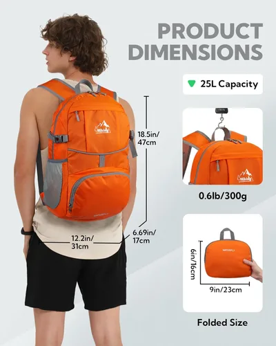 Miniatura 2 de WATERFLY Mochila de senderismo plegable: mochila de día de 25L ultra ligera para mujer y hombre - pequeña mochila plegable compacta para deportes al