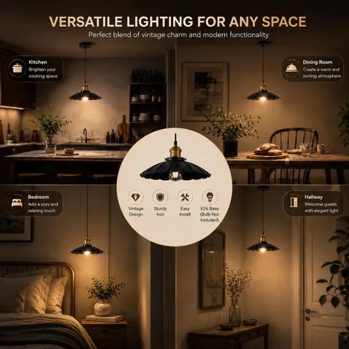 Miniatura 3 de Lámpara colgante negra, lámpara colgante retro de 9.8 pulgadas para dormitorio, luces colgantes brillantes de cocina, sala de estar, 6.5 pies