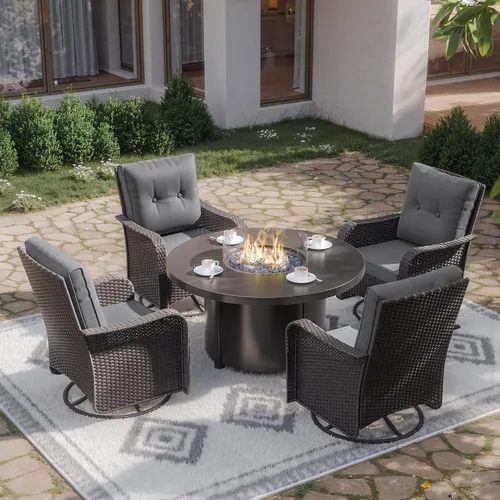 Miniatura 71 de Kurapika juego de muebles de patio 4 piezas de mimbre al aire libre, sillas de ratán, juego informal con mesa de café, juego de bistró con mecedora