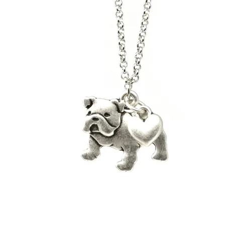 English Bulldog Charm Necklace Bull Dog Pet Lover Gift Silver Metal with Heart Pendant on a Chain Ladies I Love Dawgs Short Hair