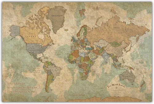 HolyCowCanvas Mapa Mundial Personalizado con Chinchetas sobre Lienzo en Tonos Tierra Vintage, Personalízalo con Tus Nombres y Frase para Rastrear
