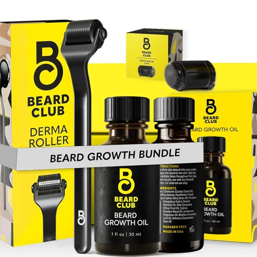 The Beard Club Premium Derma Roller y Aceite para el Crecimiento de Barba - Rodillo de microagujas con 540 microagujas de titanio para la cara, el