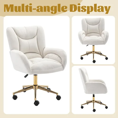 Miniatura 6 de Silla de oficina en casa de terciopelo giratoria de 360°, base de metal dorado, ruedas universales, sillón ergonómico de altura ajustable moderna