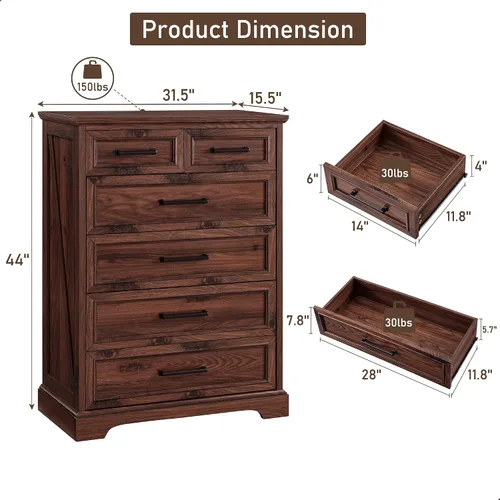 Miniatura 2 de ACCOHOHO Cómoda de 6 cajones, cómoda de granja para dormitorio, cómoda de 44 pulgadas de alto con asas de metal grandes, organizador de cajones
