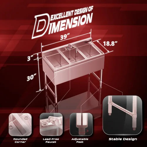 Miniatura 2 de DuraSteel Fregadero de cocina comercial de 3 compartimentos, fregadero de cocina comercial NSF de acero inoxidable triple de tres bahías con grifo