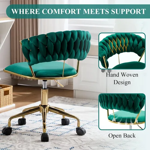 Miniatura 5 de NIOIIKIT Silla de oficina en casa, silla tapizada de terciopelo con respaldo abierto tejido, silla de escritorio giratoria de 360° con ruedas, silla