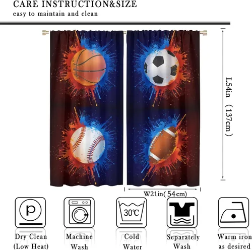 Miniatura 2 de Cortinas deportivas de baloncesto para niños, patrón de llama de bola 3D naranja, 42 pulgadas de ancho x 45 pulgadas de largo