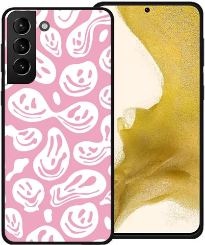 Funda de teléfono para Samsung Galaxy S22 5G, rosa pastel y blanco, divertida sonrisa trippy derretida hippie sonriente calavera fantasma cara linda