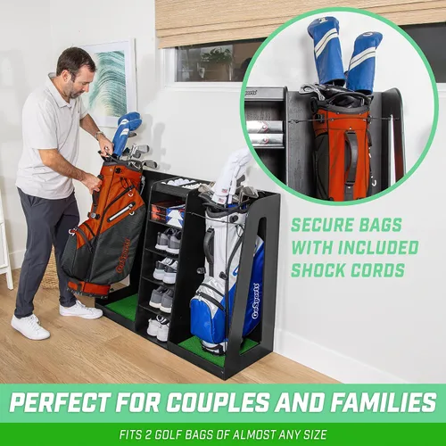 Miniatura 6 de GoSports Organizador de bolsas de golf de madera prémium y estante de almacenamiento, capacidad para 2 bolsas de golf, acabado negro, blanco o marrón