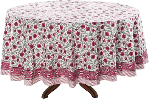 Miniatura 7 de Ridhi Mantel redondo con estampado de bloque a mano, 100% algodón, reutilizable, rojo sangría de 110 pulgadas, mantel decorativo para uso diario