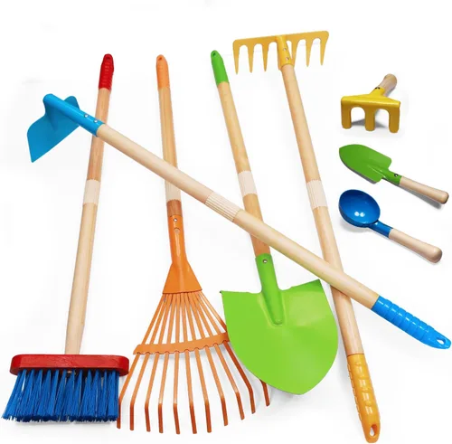 8 piezas de herramientas de jardinería para niños, juego de rastrillo y pala para niños, herramientas de jardín al aire libre para niños pequeños, 8