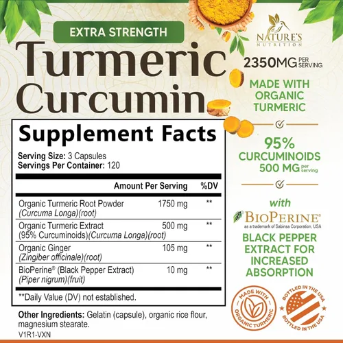Miniatura 2 de Suplemento de curcumina de cúrcuma de 2350 mg – 95% curcuminoides con cúrcuma orgánica y jengibre, pimienta negra BioPerine para una mejor