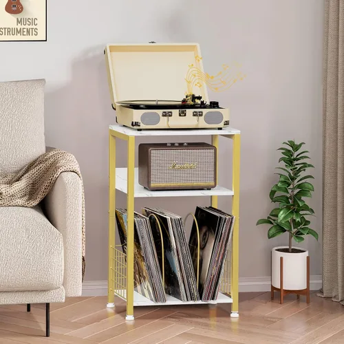 Miniatura 7 de LELELINKY Mesa auxiliar, mesita de noche de mármol blanco con marco de metal dorado, soporte de madera industrial de 3 niveles con estante