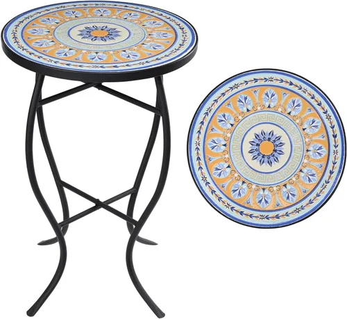 VCUTEKA Mesa auxiliar de mosaico, mesa auxiliar redonda de 21 pulgadas con parte superior de azulejos de cerámica de 14 pulgadas, mesa auxiliar de