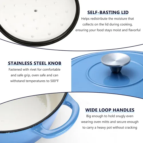 Miniatura 7 de E-far Horno holandés de hierro fundido esmaltado de 6 cuartos con tapa, olla redonda holandesa antiadherente para estofar, guisos, asar, hornear Azul