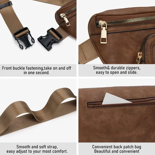 Miniatura 4 de Chinllo Riñonera para mujer, bolsa cruzada de moda para cinturón de cuero vegano con correa ajustable, Café, Moda