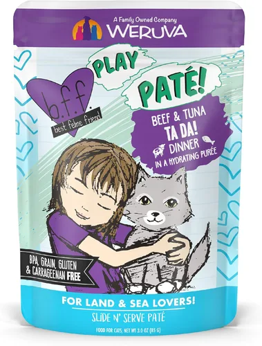 Weruva B.F.F. PLAY - Best Feline Friend Paté Lovers, Aw Yeah!, Beef & Atún Ta Da! con carne de res y atún, bolsa de 3 onzas (paquete de 12)
