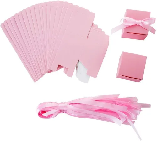 Miniatura 3 de AWELL Caja de dulces de regalo rosa a granel de 2 x 2 x 2 pulgadas con cinta rosa caja de favor de fiesta, paquete de 50 Caja rosa con cinta rosa